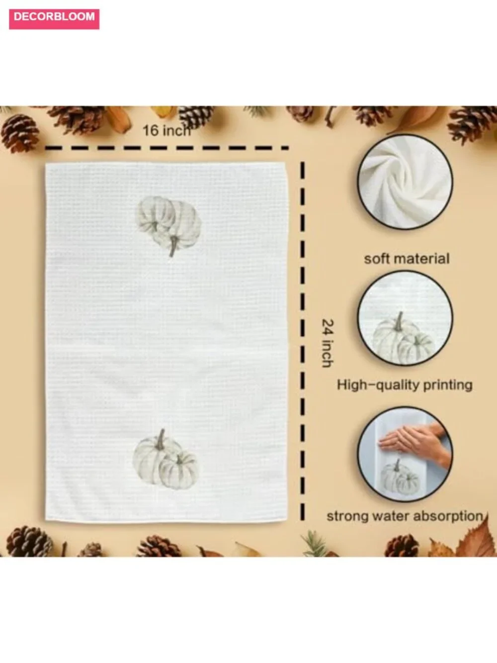 Fall Pumpkin Kitchen Towels Absorbent Polyester 16x24in Farmhouse Decor